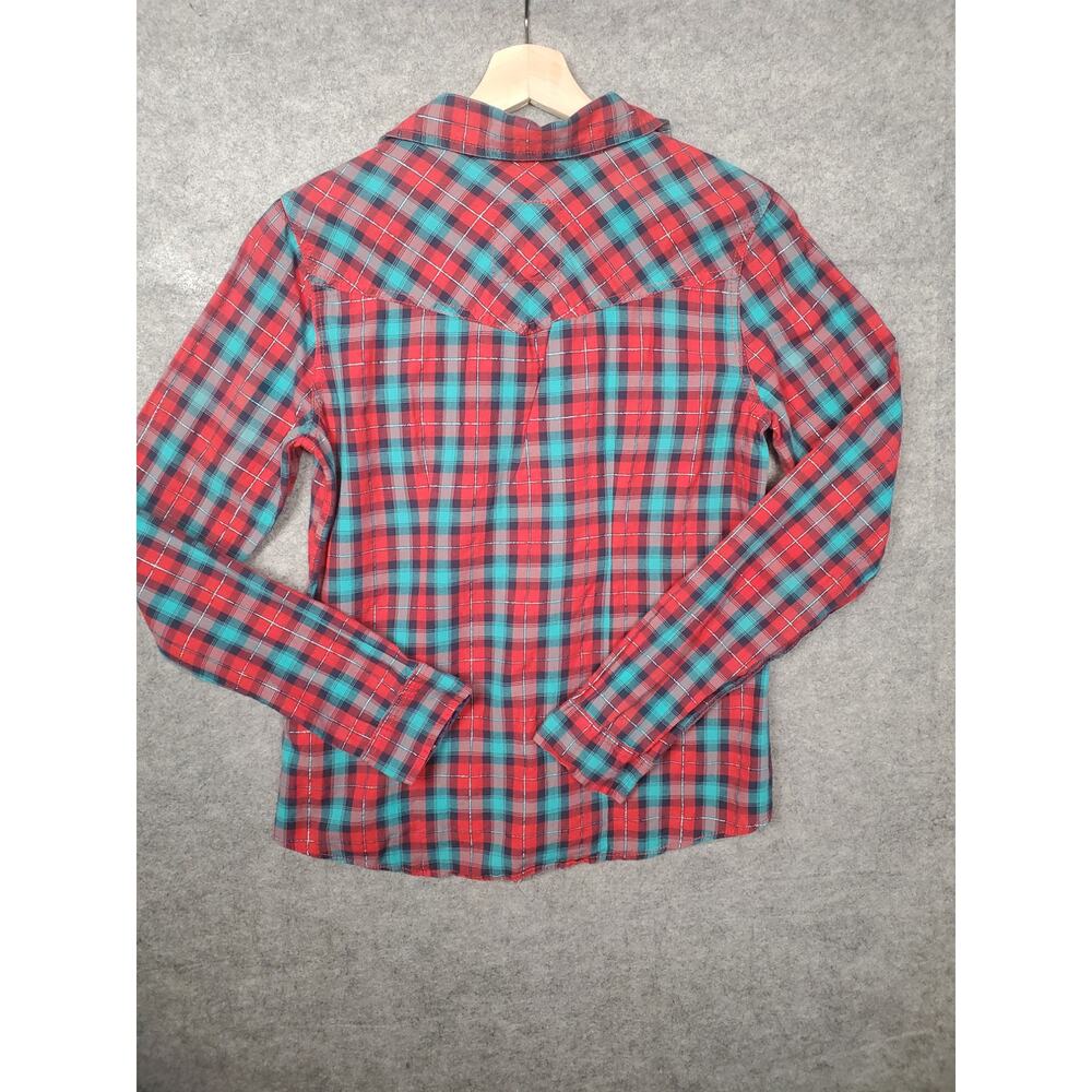 Hollister Women's Size L Green, Red & Metallic Button Up Plaid Western Shirt - Picture 2 of 6